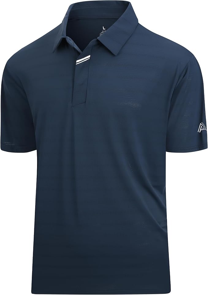 Close up of men's performance jacquard golf polo with hidden placket and moisture-wicking fabric.