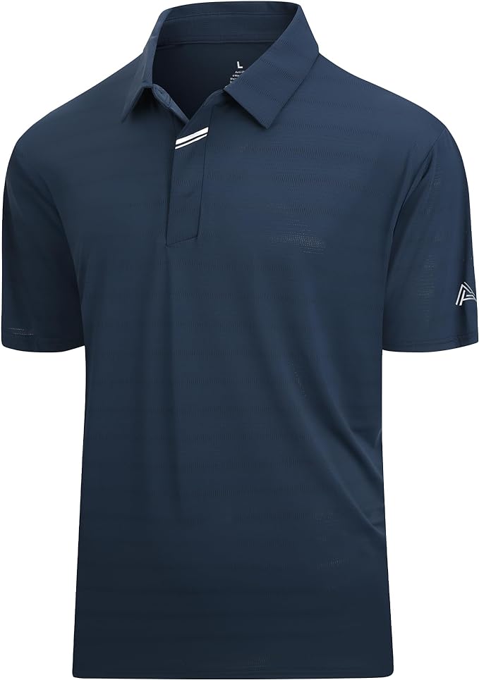 Close up of men's performance jacquard golf polo with hidden placket and moisture-wicking fabric.