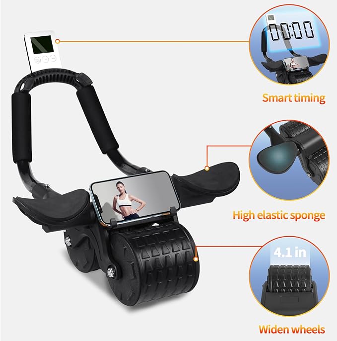 Ab Roller Wheel with Timer & Knee Mat, Home Workout Auto Rebound Abdominal Wheel with Elbow Support - Core Workout Equipment for Strengthening Abs, Home Gym Exercise for Women & Men