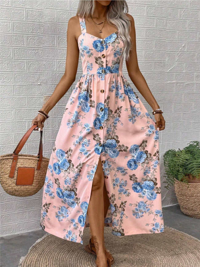 Floral Print A-Line Mid-Length Summer Dress for Art Retro Style