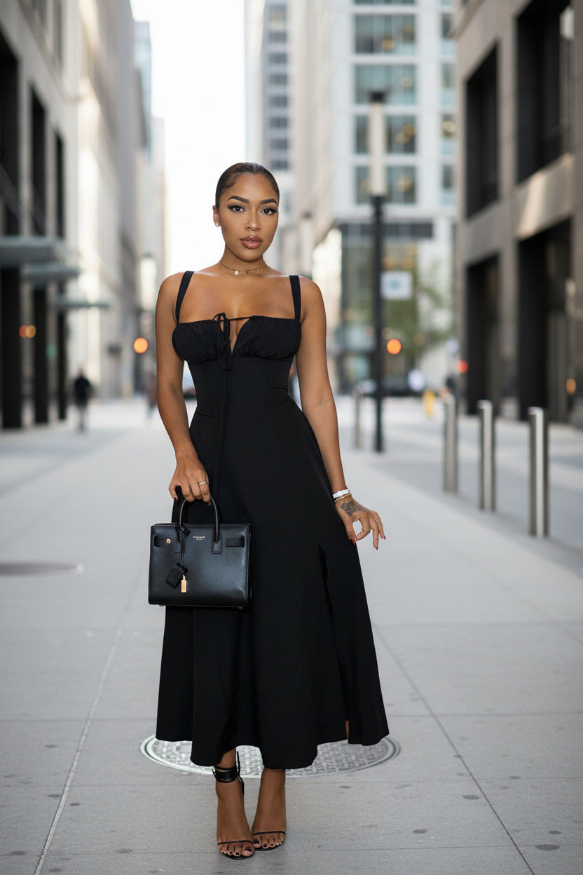 Women’s Solid-Colored Bustier Slit Lace-Up Midi Casual Dress