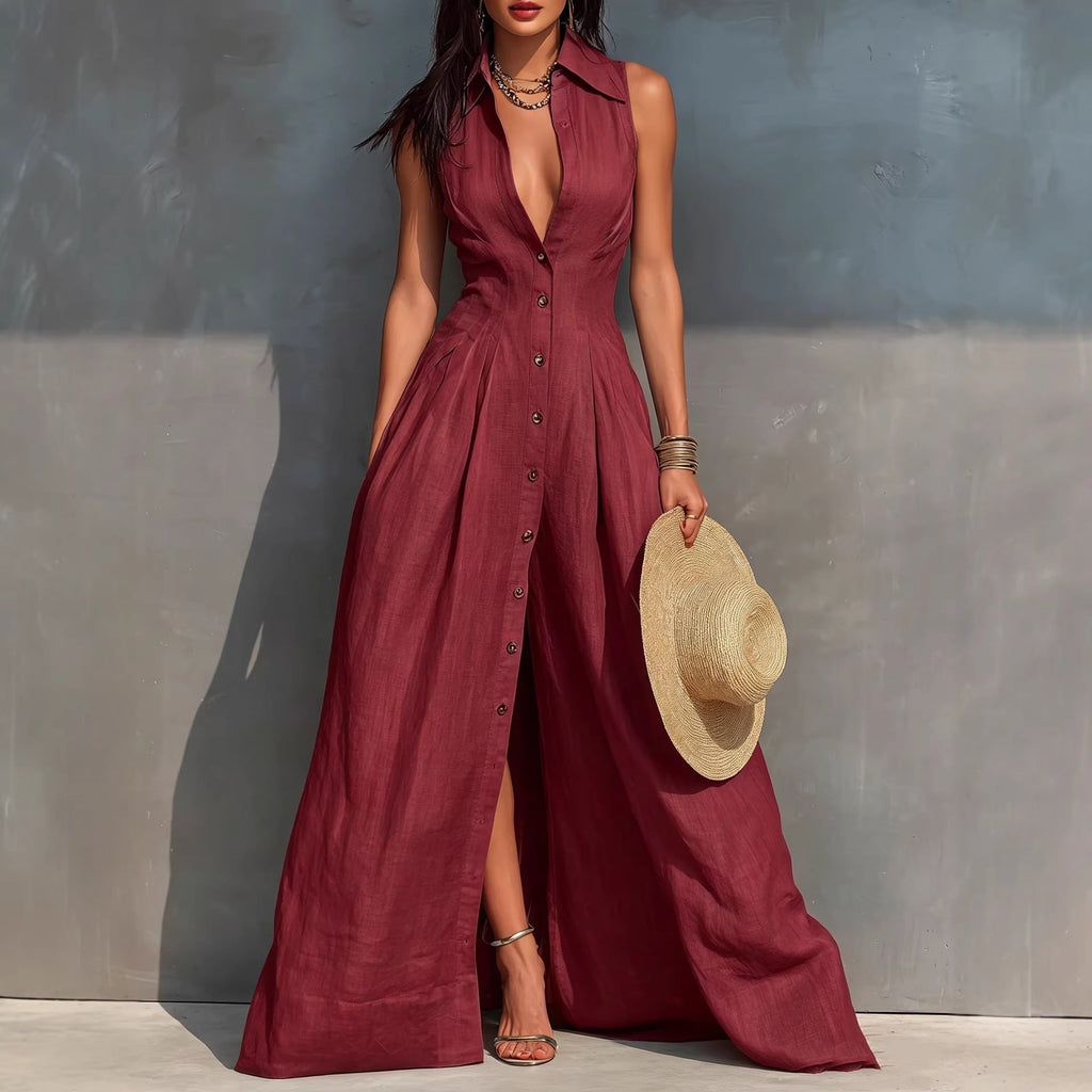 Women's Sleeveless Button-Down Maxi Dress with Lapel Collar - Image 5