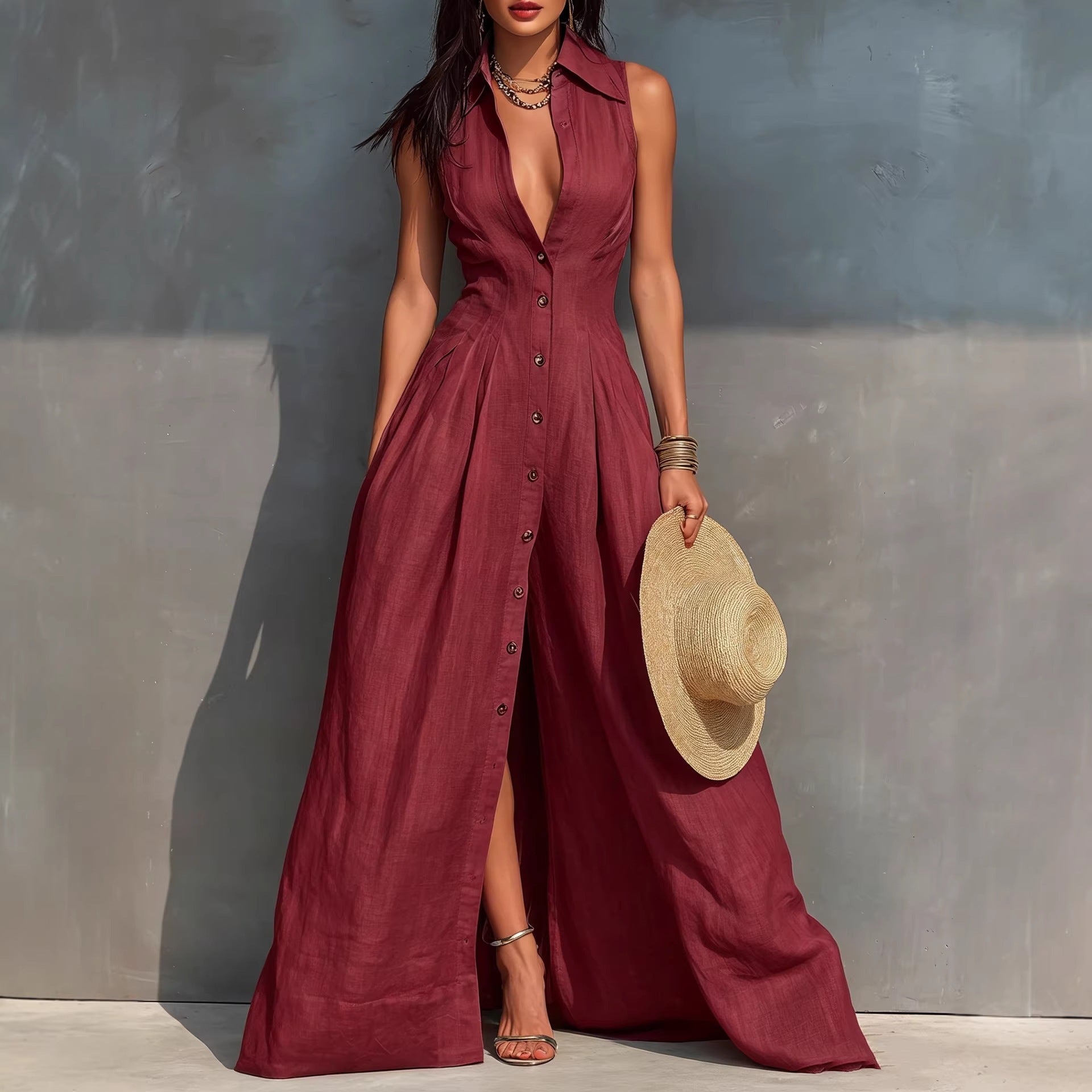Women's Sleeveless Button-Down Maxi Dress with Lapel Collar - Image 5