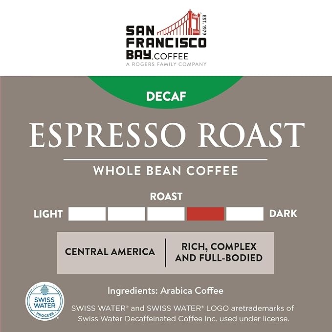 San Francisco Bay Coffee - Decaf Medium-Dark Roast Whole Bean Coffee - Decaf Espresso Roast (2 lb bag) - Swiss Water Processed