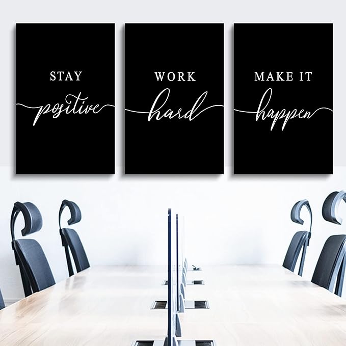 Work Hard Painting,Framed Canvas Wall Art Positive Quote, Office Wall Art, Black Large Poster, Positive Motivational Set of 3 Prints, Inspirational Print (E-3pcs,24x36inchx3pcs)
