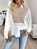 White Long Sleeve Button Down Shirt with Gold Sequin Contrast