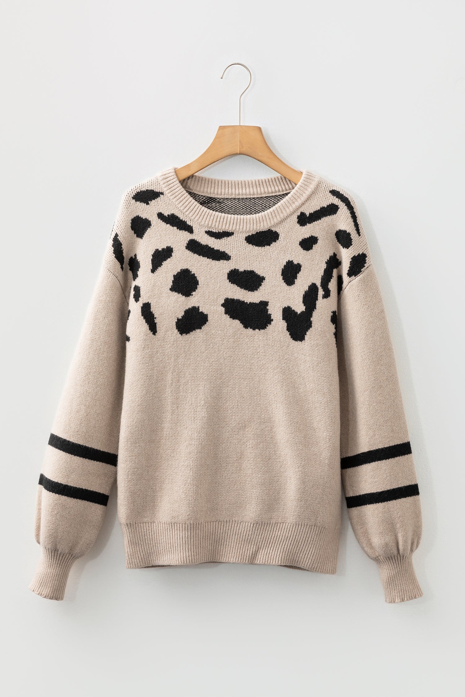 Khaki Leopard Striped Detail Drop Shoulder Sweater