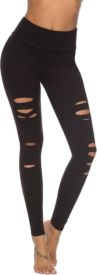 DIBAOLONG Womens High Waist Yoga Pants Cutout Ripped Tummy Control Workout Running Yoga Skinny Leggings