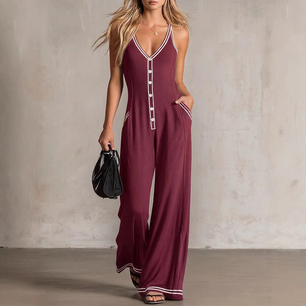Women's V-Neck Sleeveless Wide-Leg Jumpsuit with Button Detail