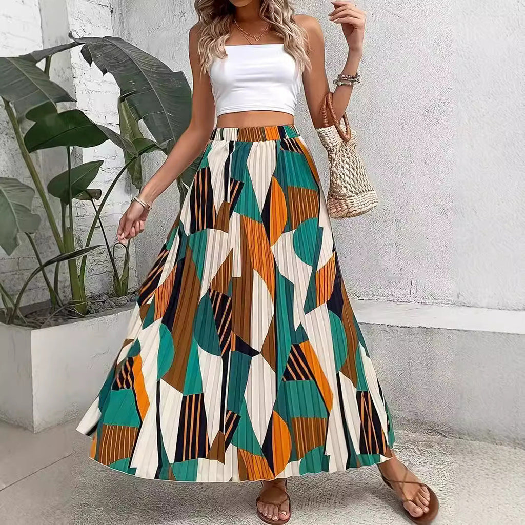Modern artistic A-line skirt with geometric print available in teal, yellow, white, and dark blue