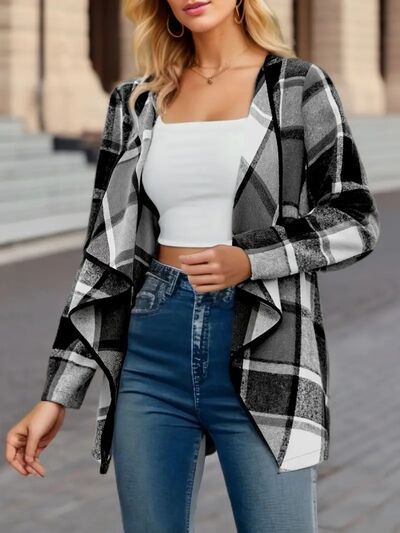 Elegant Plaid Open-Front Long Sleeve Jacket Lightweight
