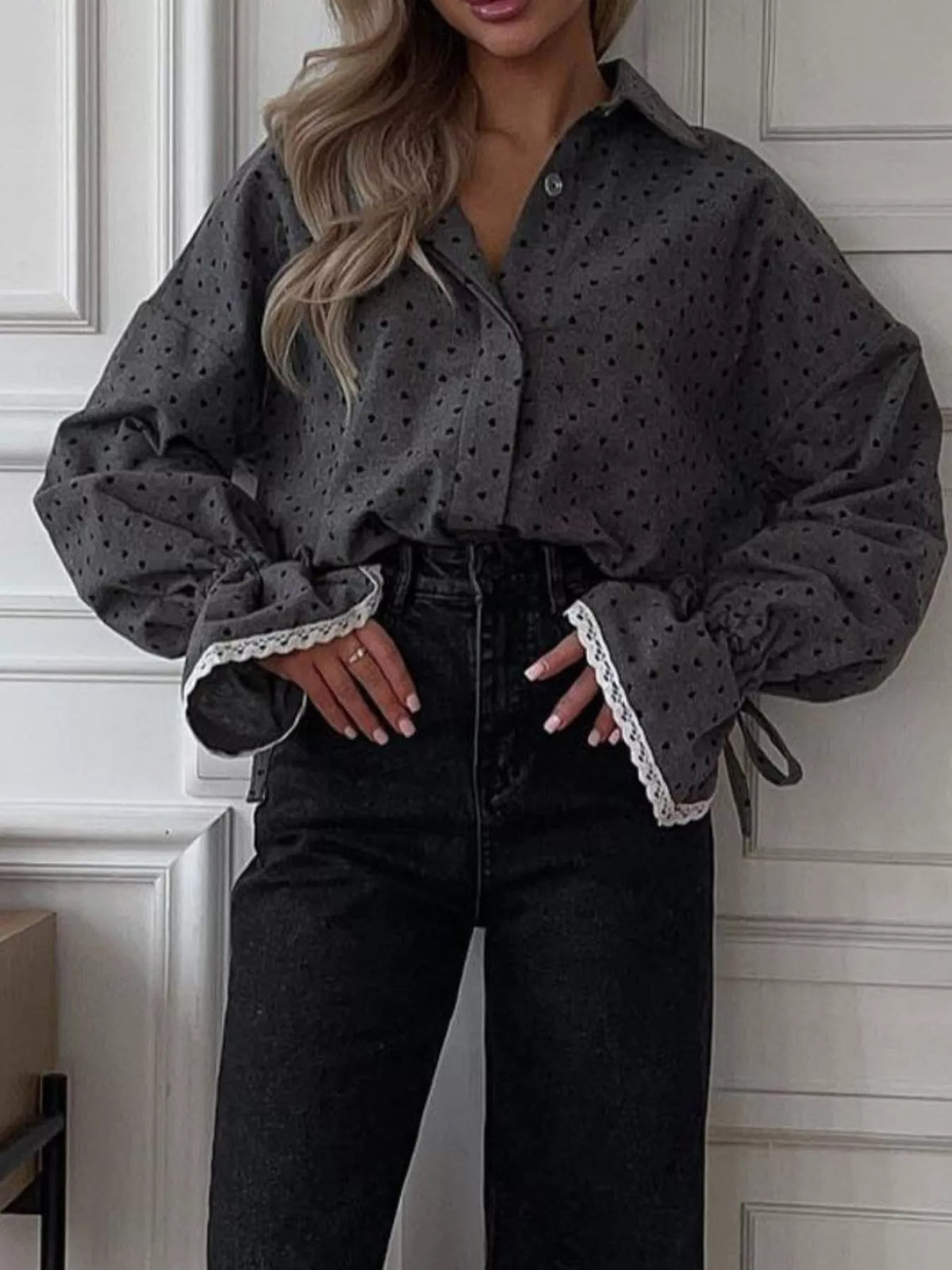 Heart Print Button Up Flounce Sleeve Shirt