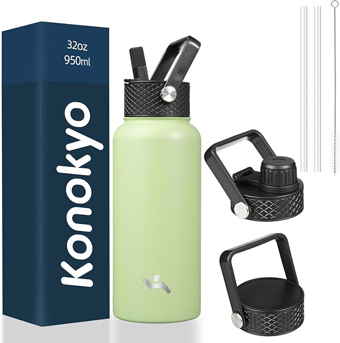 32 oz Insulated Water Bottle Stainless Steel Sport Bottles with 3 Lids,Macaron Green