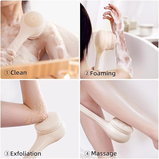 Electric Body Brush Back Scrubber for Shower, Waterproof Long Dual Handle Power Body Scrubber with 3 Heads, Rechargeable Bath Brush & 2 Speeds, for Cleansing, Exfoliating and Massaging Skin