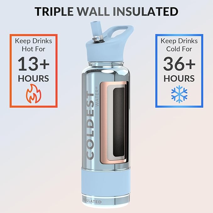 Coldest Insulated Water Bottle with Straw Lid - Stainless Steel Metal Insulated Bottle for Men & Women (Silver Reflections, 40 oz)