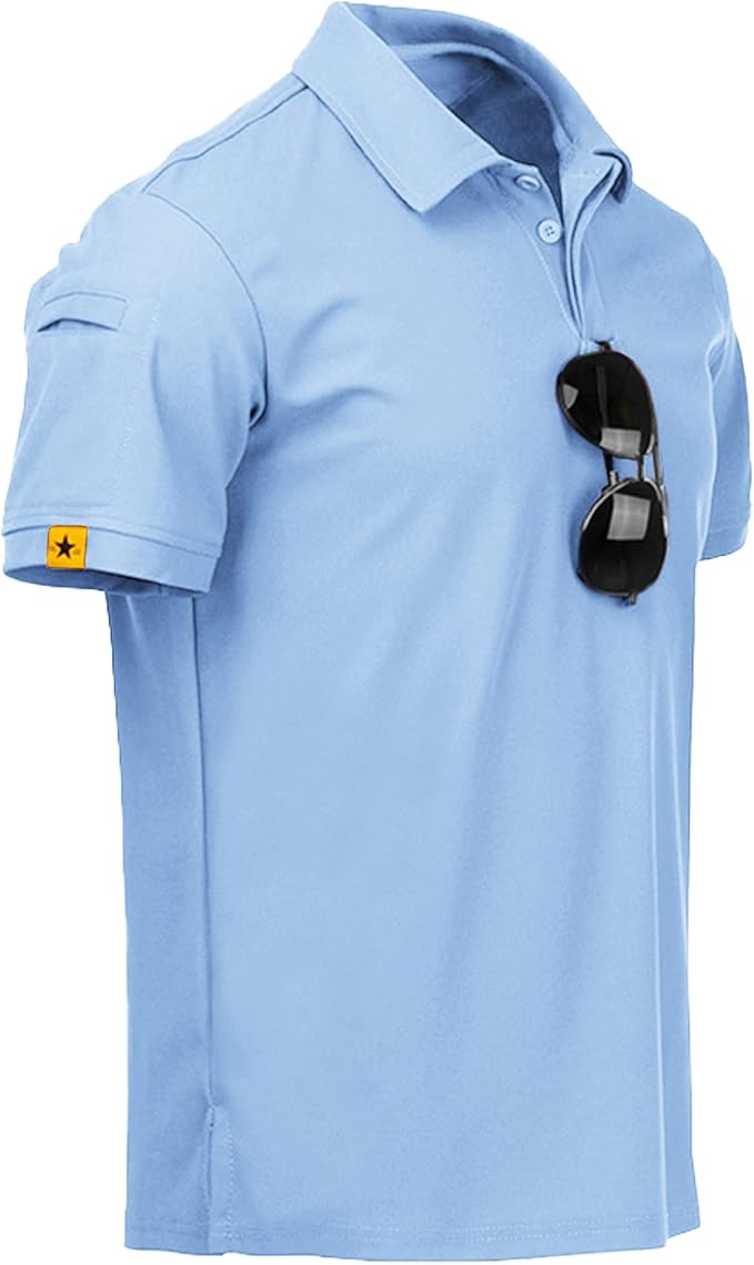 Men's tactical performance golf polo with ventilated micro-hole fabric.