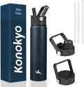 Insulated Water Bottle 24oz Stainless Steel Sport Bottles with 3 Lids,Navy Blue