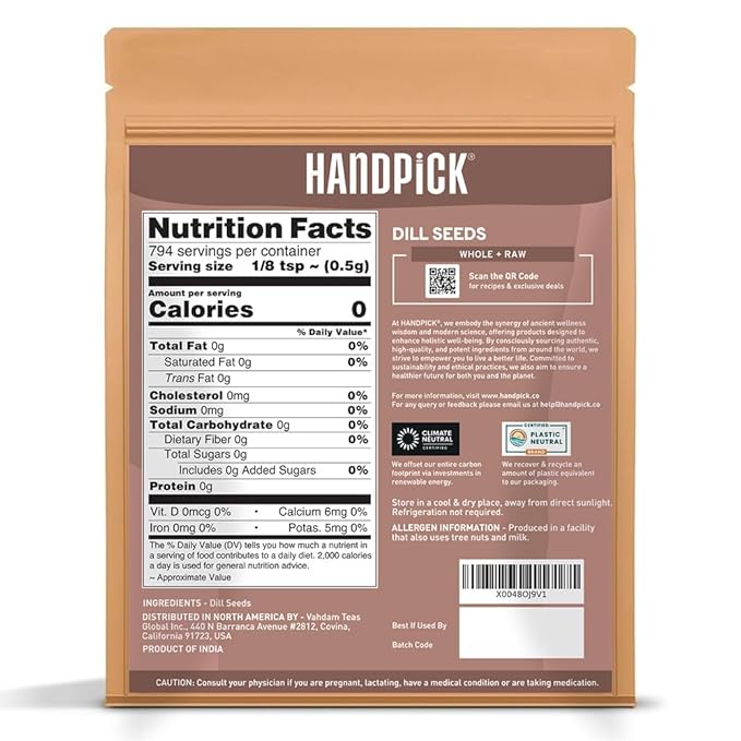 HANDPICK Dill Seeds (397g/14oz) Non GMO, Gluten Free, 100% Raw, Sourced from India, For Cooking, Drinks, Packed in Resealable Ziplock Pouch | For Pickling