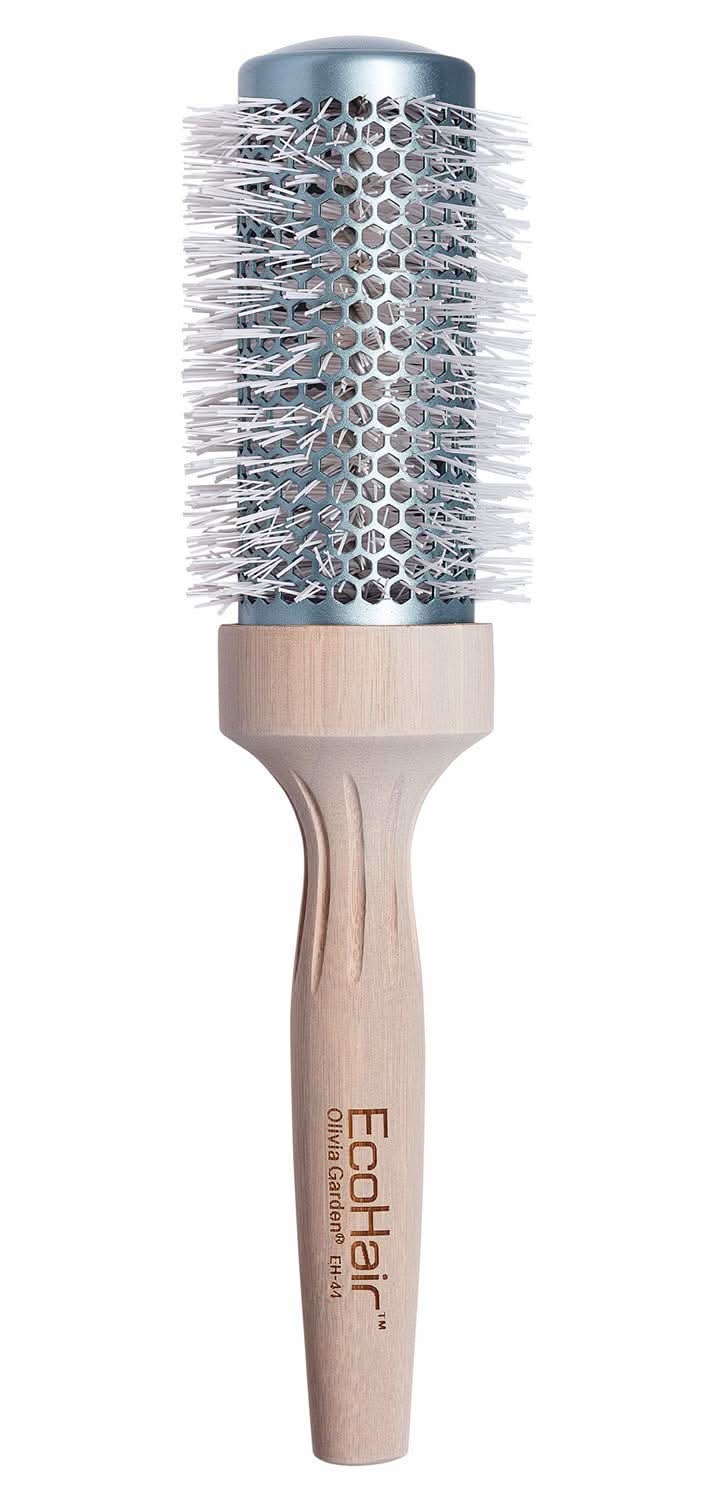 Eco-friendly bamboo round thermal hair brush in light wood and blue, 1 3/4 inch barrel