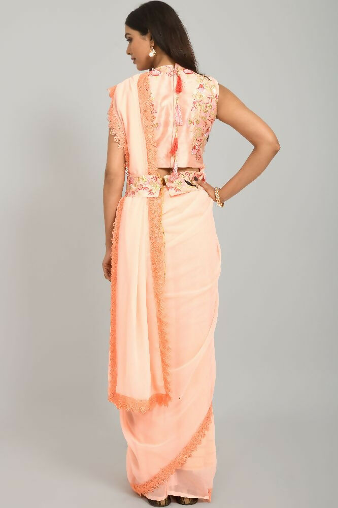 Peach Georgette Saree with GPO Lace Border and Blouse