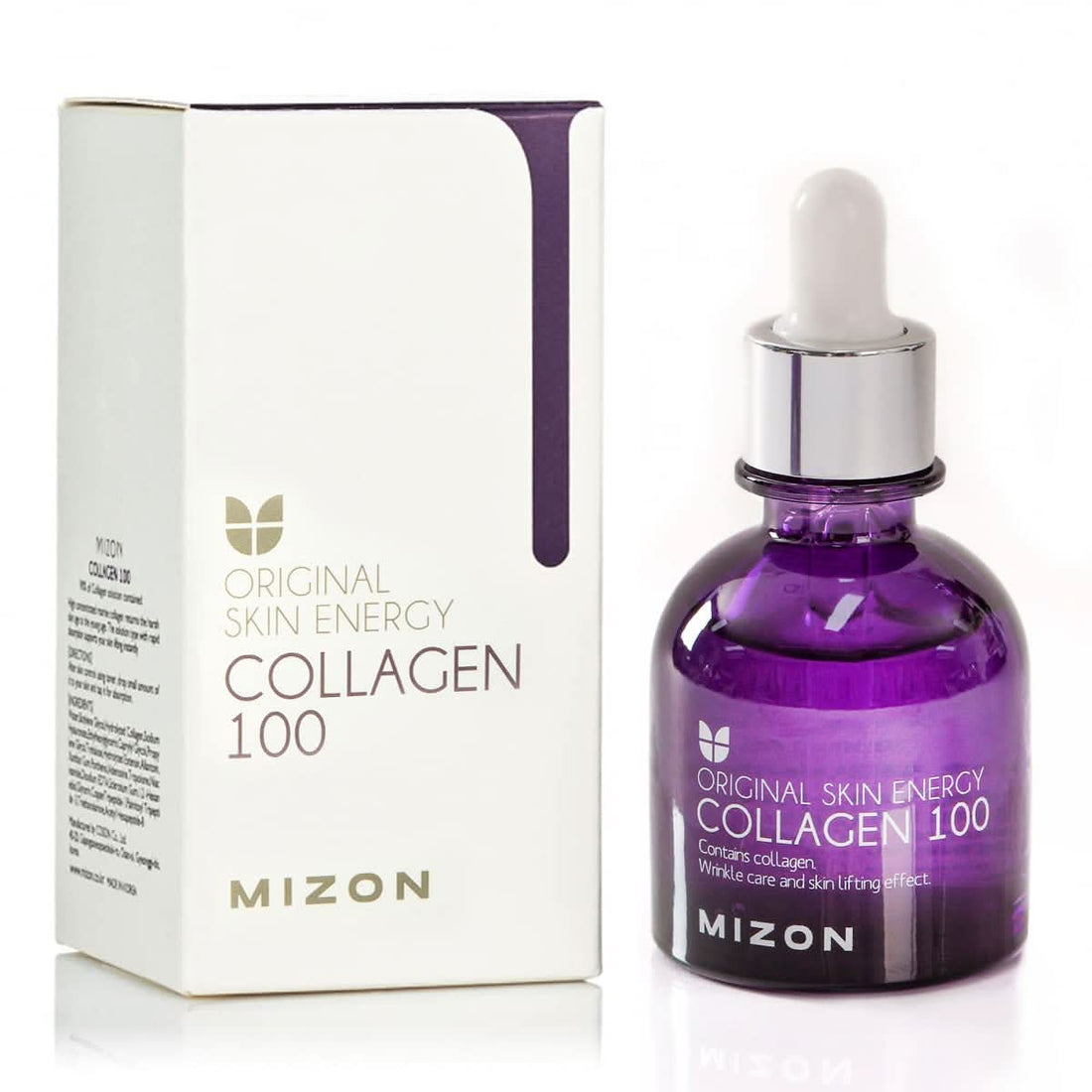 MIZON Collagen 100 Serum bottle featuring marine collagen extract for firming skincare.
