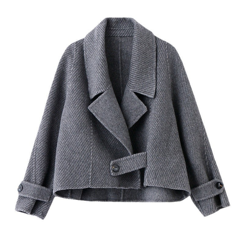 Women's Cropped Double-Sided Woolen Coat in Grey Khaki and Brown - Image 5