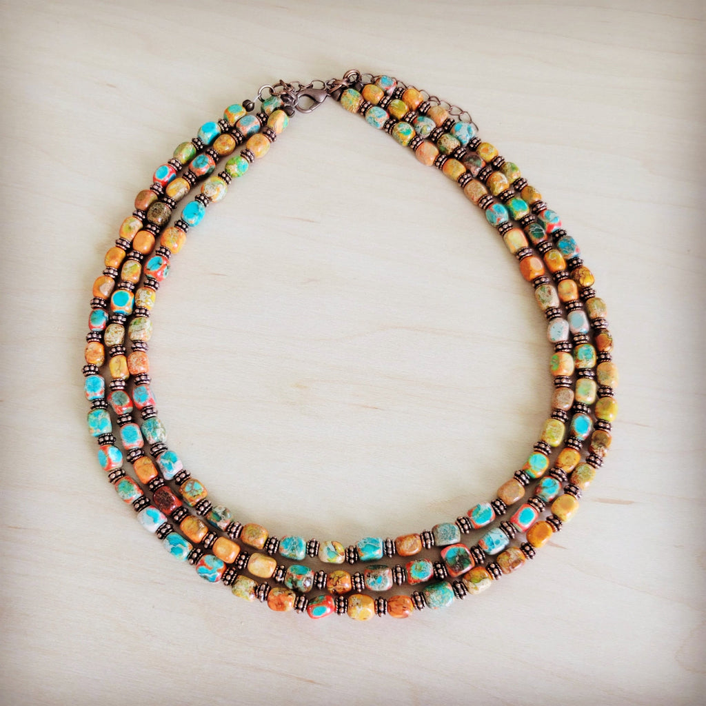 Triple Strand Layered Boho Sunrise Regalite Necklace 264o
