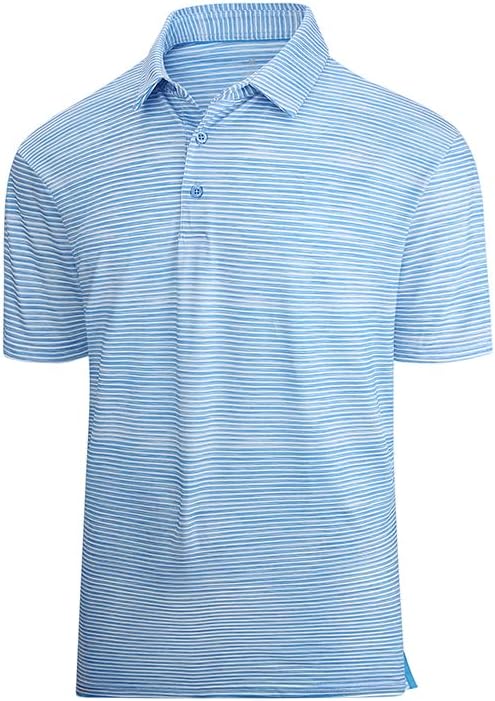 Men wearing a lightweight, striped performance golf polo with moisture-wicking fabric.