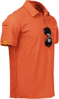 Men wearing a performance tactical golf polo shirt with ring buckle detail and moisture-wicking fabric.