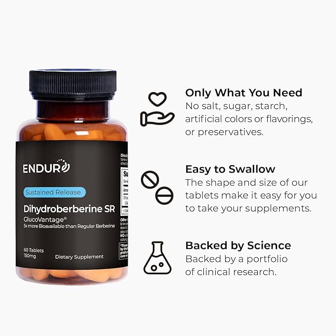 Endur Dihydroberberine SR, Supports Blood Sugar Health & Metabolism, Great for Weight Management Support, Gluten Free, 150mg (60 Tablets)