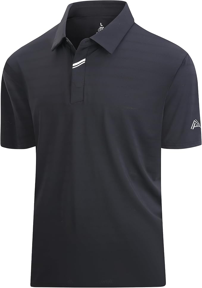 Close up of men's performance jacquard golf polo with hidden placket and moisture-wicking fabric.
