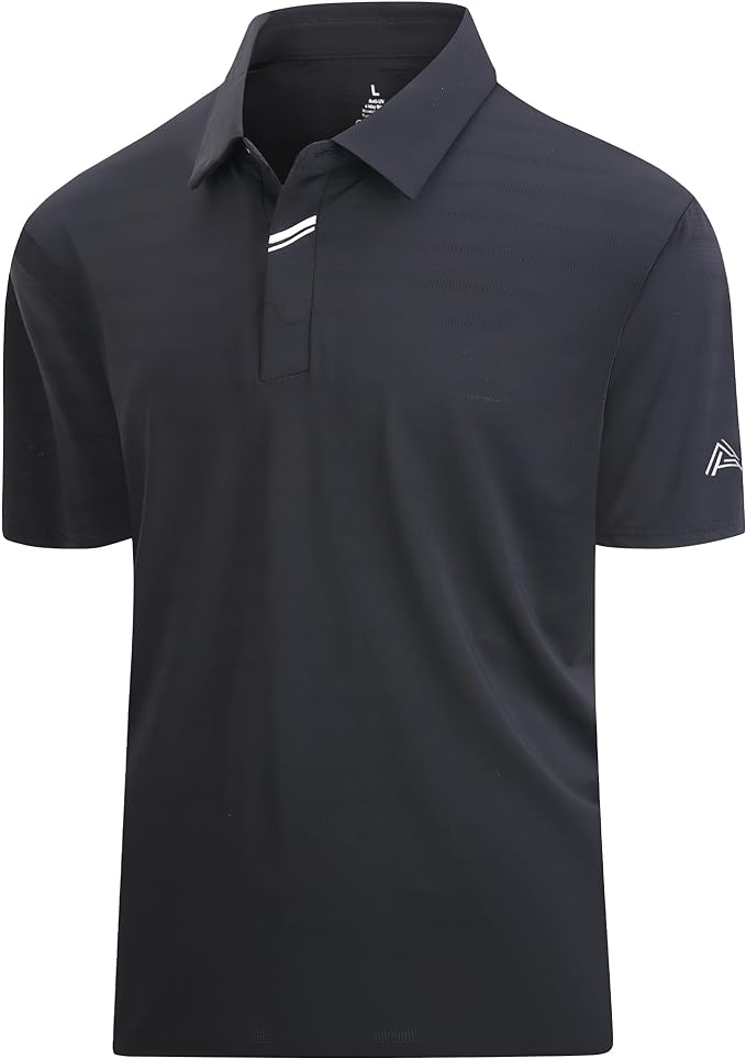Close up of men's performance jacquard golf polo with hidden placket and moisture-wicking fabric.