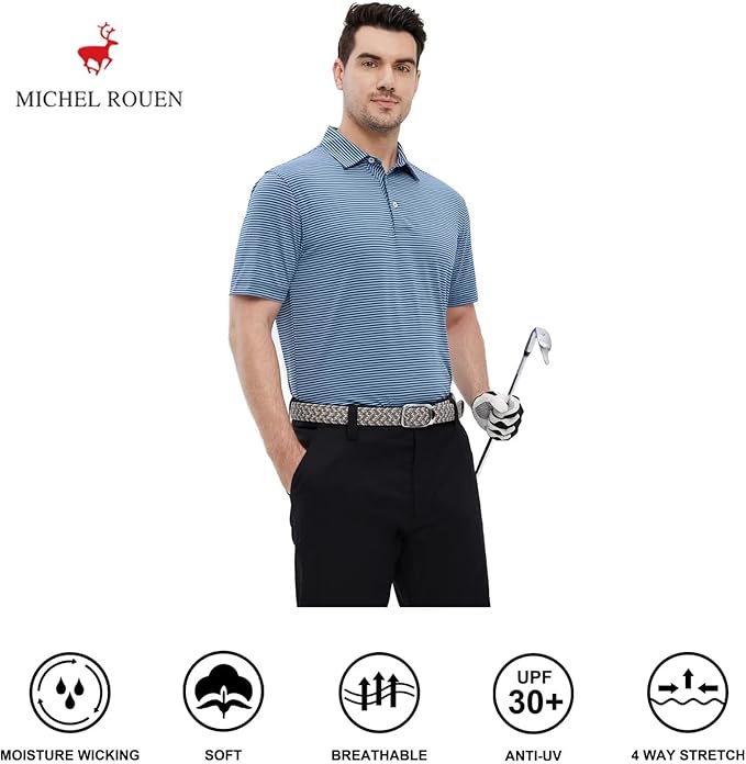 Mens Striped Performance Golf Polo Shirt - Moisture Wicking Dry Fit
