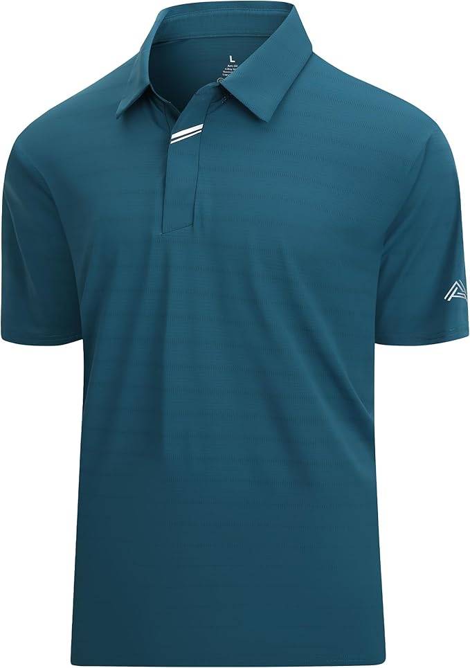 Close up of men's performance jacquard golf polo with hidden placket and moisture-wicking fabric.