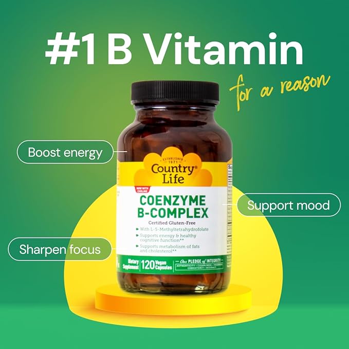Country Life Coenzyme B-Complex, 120 Capsules – Supports Energy & Metabolism, Mood & Cognitive Function – Vegan, Gluten-Free, Bioavailable B Vitamins with Choline