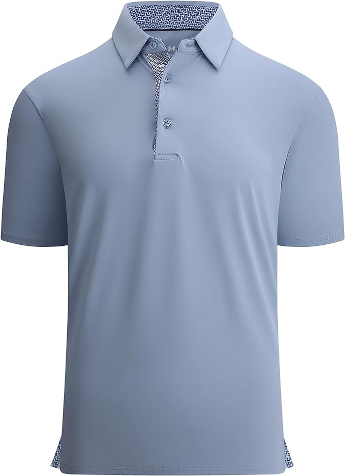 Close up of a men's performance golf polo with moisture-wicking fabric and inner collar trim detail.