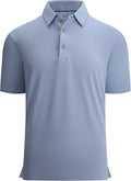 Close up of a men's performance golf polo with moisture-wicking fabric and inner collar trim detail.