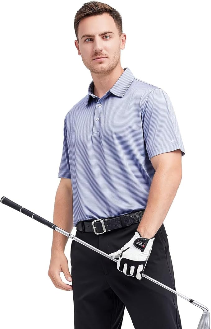 Men's Striped Moisture-Wicking Performance Golf Polo Shirt