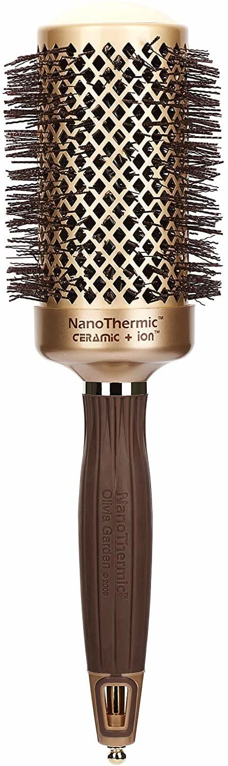 NanoThermic Ceramic + Ion round thermal hair brush with metallic gold barrel and matte brown handle.