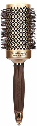 NanoThermic Ceramic + Ion round thermal hair brush with metallic gold barrel and matte brown handle.