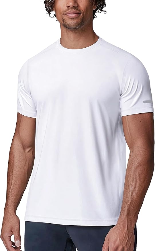 Men wearing a quick-dry moisture-wicking athletic short sleeve gym t-shirt in a relaxed fit.