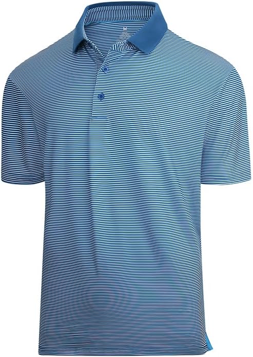 Men wearing a lightweight, striped performance golf polo with moisture-wicking fabric.