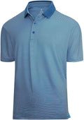 Men wearing a lightweight, striped performance golf polo with moisture-wicking fabric.