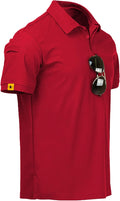 Men wearing a performance tactical golf polo shirt with ring buckle detail and moisture-wicking fabric.