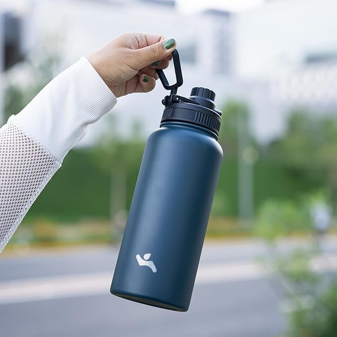 18 oz Insulated Water Bottle Stainless Steel Sport Bottles with 3 Lids,Navy Blue