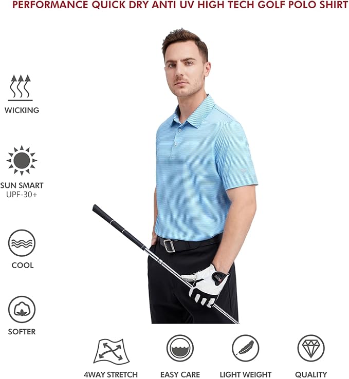 Men's Striped Jersey Golf Polo Shirt Moisture Wicking Performance