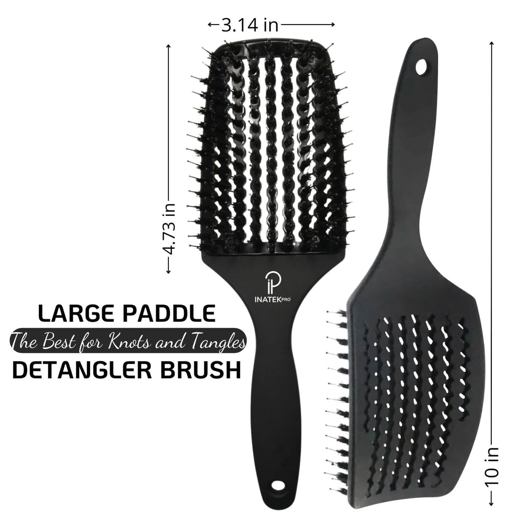 Large Curved Vented Boar Bristle Detangler Brush in Black