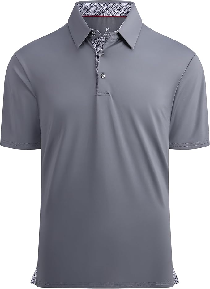 Close up of a men's performance golf polo with moisture-wicking fabric and inner collar trim detail.