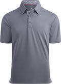 Close up of a men's performance golf polo with moisture-wicking fabric and inner collar trim detail.