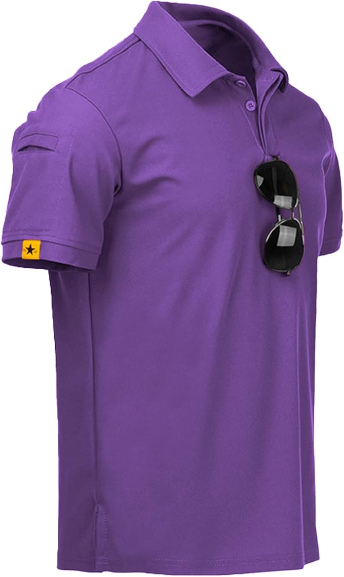 Men wearing a performance tactical golf polo shirt in a neutral color